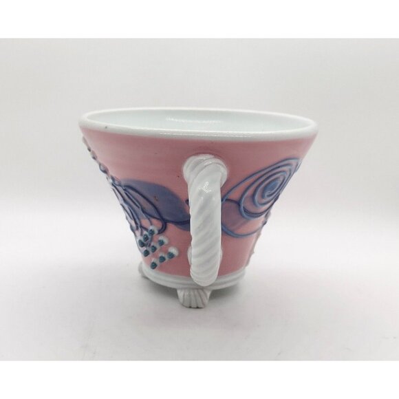 Studio Pottery Signed Hiulmm Abstract Footed Coffee Mug Pink Raised Relief - Picture 3 of 7
